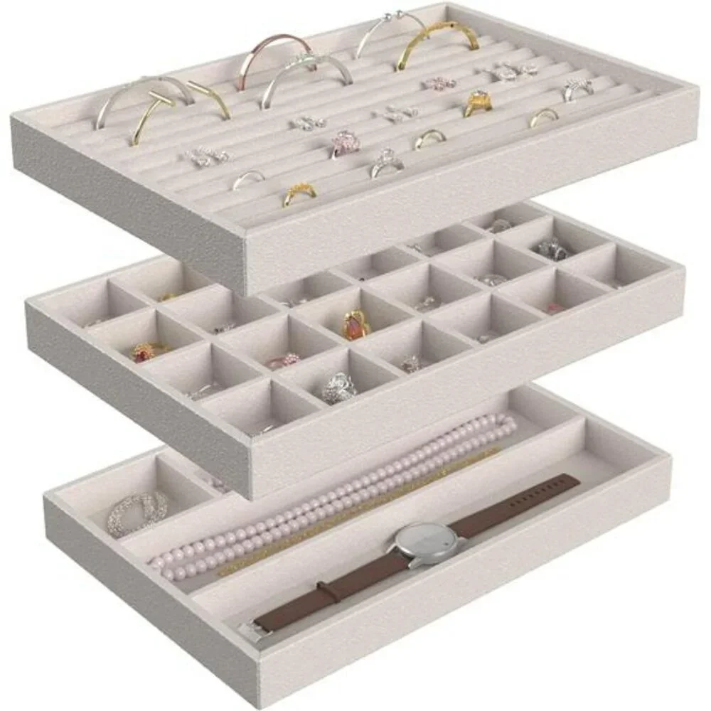 Stackable Velvet Jewelry Organizer Trays Set of 3 for Rings Earrings Necklaces